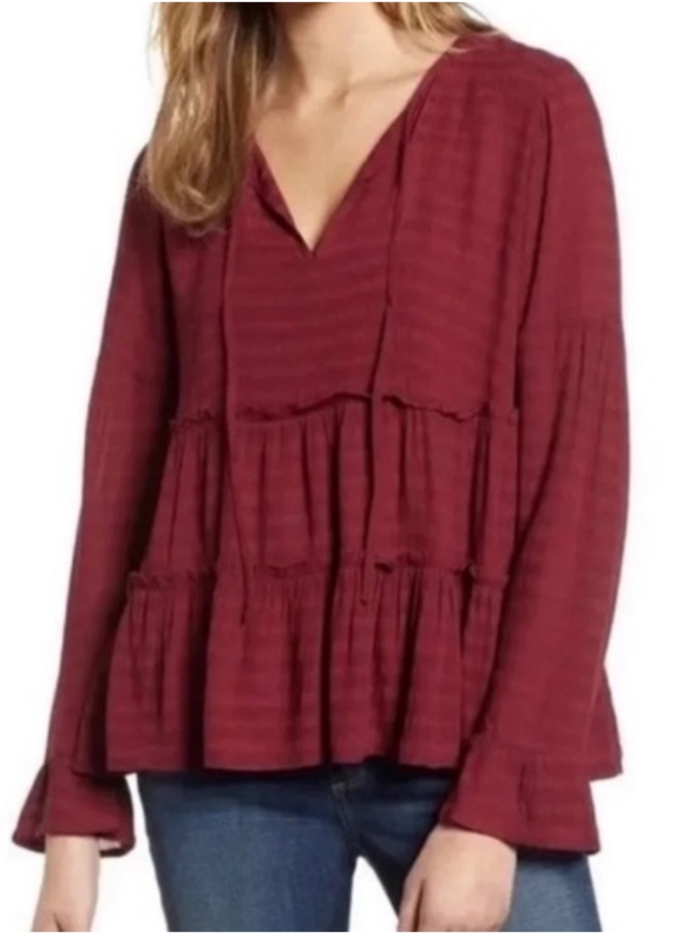 Lucky Brand Burgundy Tie-Neck Peasant Tunic Top L